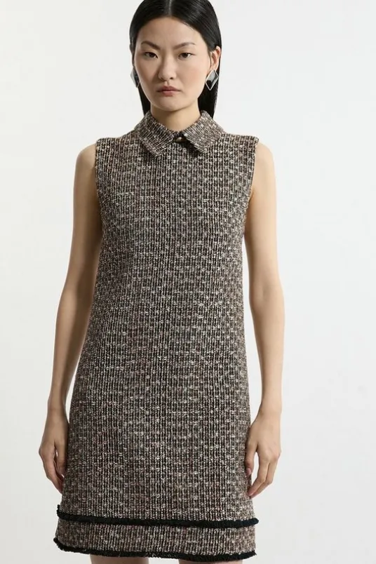 Wool Mix Boucle Tailored Collared Sleeveless Dress