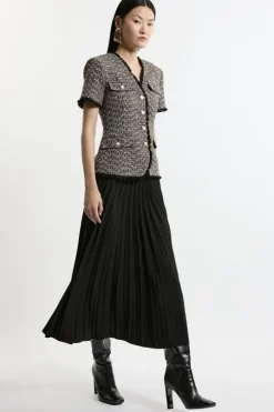Wool Mix Boucle Tweed Tailored Pleated Maxi Dress