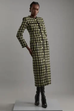 Wool Mix Check Boucle Tailored Maxi Dress