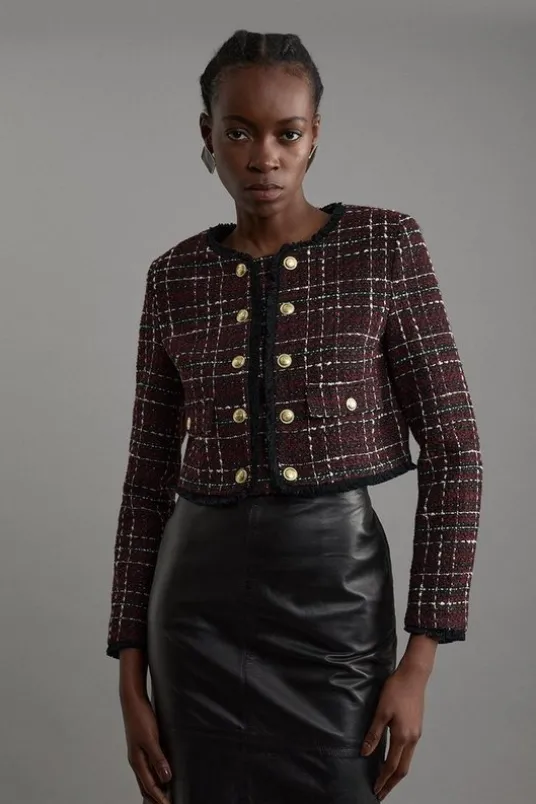 Wool Mix Check Boucle Tailored Cropped Jacket