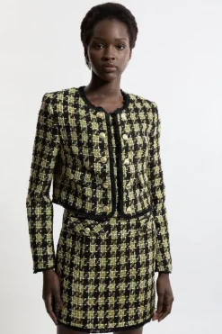 Wool Mix Check Boucle Tailored Cropped Jacket