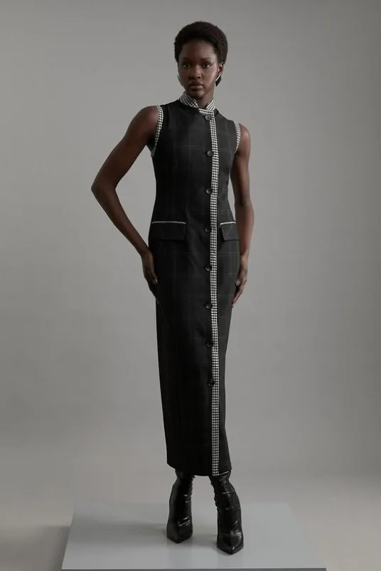 Wool Mix Contrast Check Sleeveless Tailored Maxi Dress
