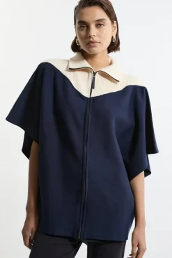 Zip Through Collared Knit Poncho